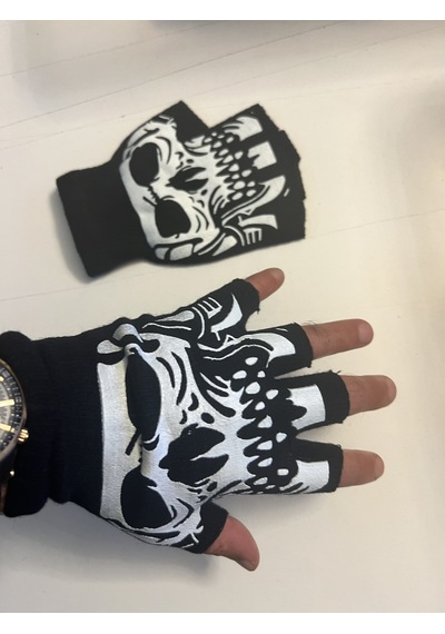 Airbrush Tattoo İskelet Kuru Kafa Parmaksız Kesik Yarım Parmak Eldiven Model4 Siyah