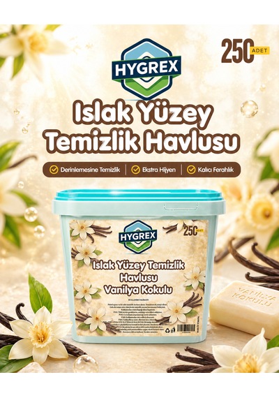 Hygrex Vanilya Kokulu Yüzey Temizlik Havlusu Islak Kova Mendil 250 Adet Ev Ofis Tüm Yüzeyler Kovalı Mendil Beyaz