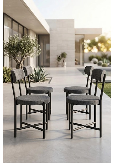 Sandalye 4 Adet Keten Kumaş Metal Ayak Modern Mutfak Sandalyesi Cafe Balkon Ofis Teddy Antrasit