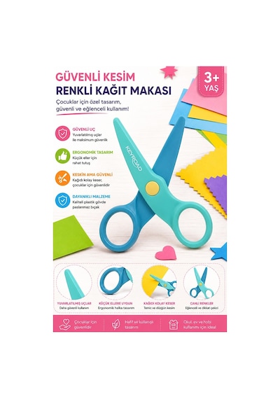 Yeşil Mavi Kağıt Makası 1 Adet Keyroad Plastik Küt Uç Korumalı Okul Makası Çocuk Makası Okul Öncesi Kreş Ana Sınıfı