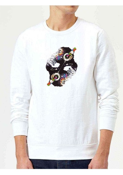 Dj Monkey Baskılı Beyaz Erkek Örme Sweatshirt