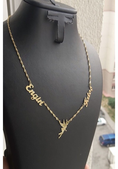 925 Ayar Gümüş 24 Ayar Altın Kaplama 2 İsimli Peri Figürlü Kolye Gold