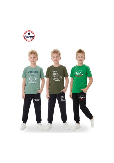 Panios Kids 3'lü Yuvarlak Yaka Baskı Detaylı Erkek Detaylı 6 Parça Erkek Çocuk Alt Üst Takım Mint Yeşili