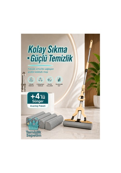 Kelebek Mop Süngerli Paspas Seti, Kendinden Sıkmalı Teleskobik Saplı Yer Temizlik Mopu +4 Yedekli Yüksek Emicili Sünger