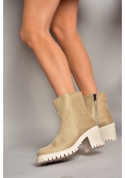 Fox Shoes T726911102 Bej Süet Kalın Topuklu Kadın Bot Bej