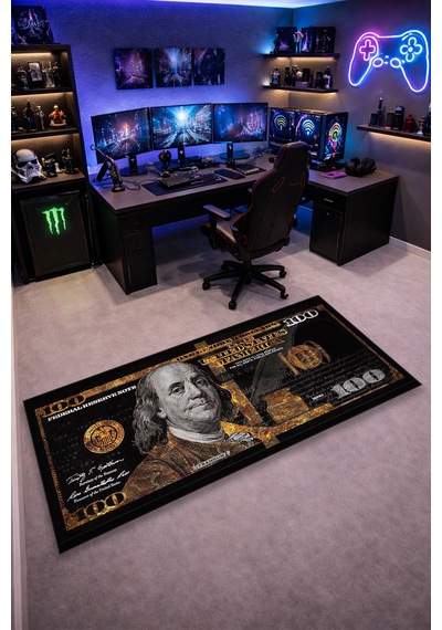 100 Dolar Kaymaz Taban Makinede Yıkanabilir Gaming Para Desenli Oyuncu Gamer Genç Odası Halısı Siyah
