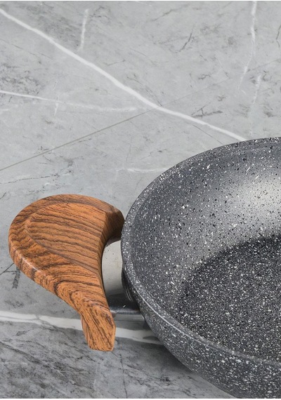 Granit Kaplama Sahan - Alüminyum Döküm, Ahşap Kulplu Sahan -18 Cm Gri