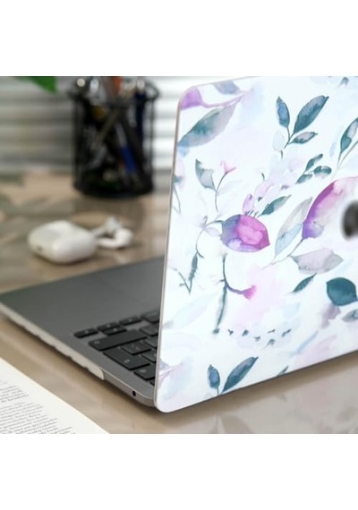 Macbook Air 13 İnç Kılıf A1369 A1466 Uyumlu Mor Çiçek Desenli Hard Case Sert Koruyucu Kapak Floral Printed Laptop Case 2010-2017 Beyaz