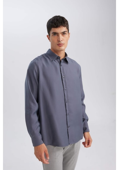 DeFacto Relax Fit Polo Yaka Twill Modal Karışımlı Basic Düz Uzun Kollu Gömlek D3376AX24AUAR174 Antrasit DeFacto Relax Fit Polo Yaka Twill Modal Karışımlı Basic Düz Uzun Kollu Gömlek D3376AX24AUAR174 Antrasit