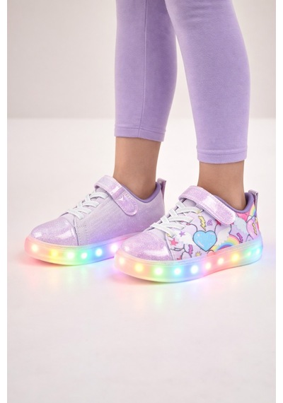 Mini Bonito Kız Çocuk Desenli Işıklı Led Tabanlı Simli Cırt Cırtlı Sneaker Lila