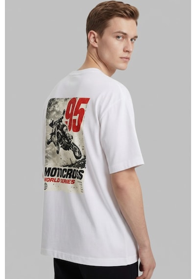 Black Nova Oversize Baskılı Unisex Tişört Motocross Beyaz