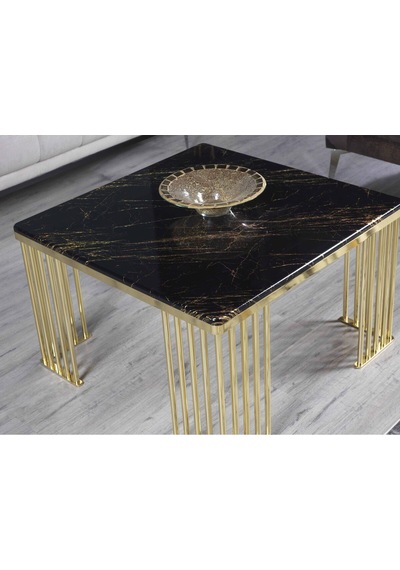Premium Lüx Yaşam Alanı Kare Orta Sehba 80 80 48 Siyah Altın İşleme Gold Ayak
