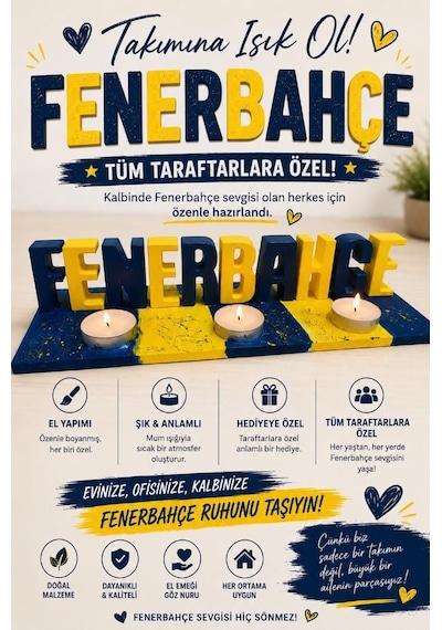 Sarı Lacivert Taraftar Temalı Dekoratif Mumluk Ve İsimlik Seti