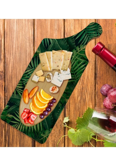 Bk Gift Yapraklar Tasarımlı Dikdörtgen Şeklinde Doğal Ahşap Servis Ve Sunum Tabağı Model 9