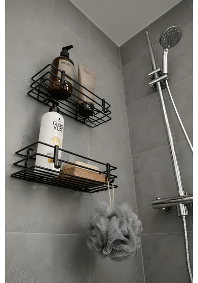 Sas Haus Tek Katlı Duş Rafı Kancalı Banyo Şampuanlık & Organizer 2 Adet Siyah Tş-01 Siyah