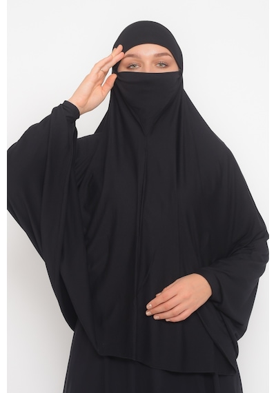 Altobeh Kollu Sufle Çarşaf Üstü Peçeli Pratik Tesettür Hijab - Nikaplı Namaz Örtüsü Siyah