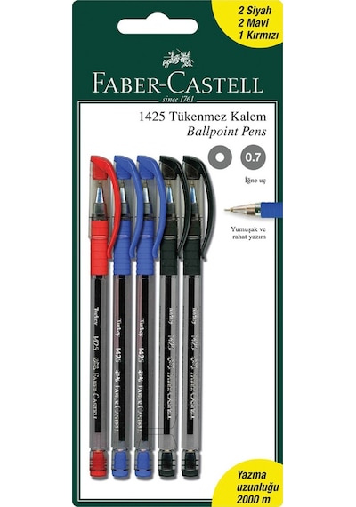 Faber-Castell 5'li Tükenmez Kalem Seti,2 Siyah,2 Mavi,1 Kırmızı Kalem İçerir