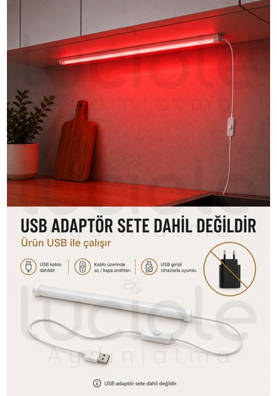 50 Cm Kırmızı Led Işık Usb Anahtarlı Dekoratif Gaming Masa Vitrin Raf Yapışkanlı Aydınlatma Barı