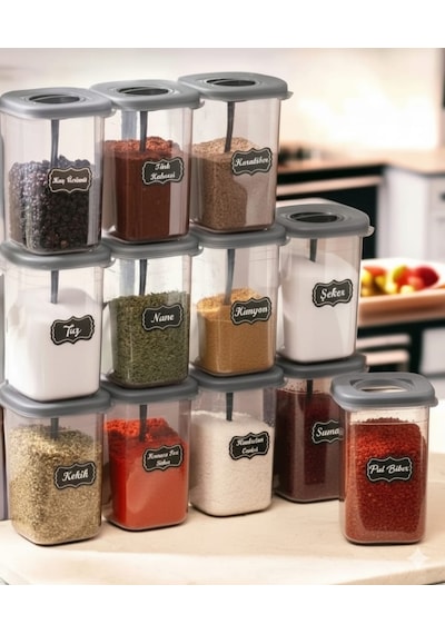 12'li 450ml Kilitlenebilir Kapaklı Kendinden Kaşıklı Baharatlık Seti 450ml 25 Adet Etiket Hediyeli Gri