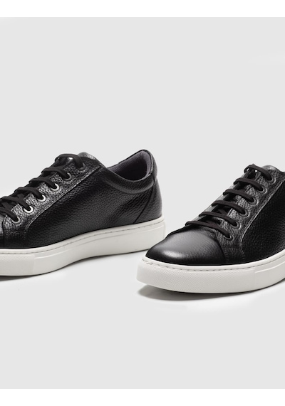 Hakiki Deri Siyah Bağcıklı Erkek Sneaker Ayakkabı Siyah