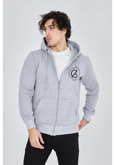 Erkek 3 İplik Pamuklu Fermuarlı Kapüşonlu Kanguru Cepli Baskılı Hoodie Hırka Sweatshirt - Gri