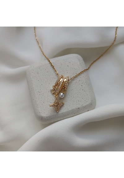 Lente Aksesuar Çelik Zincir Gold Yıldız Ve İncili Charm Kolye-kadın Kolye Gold