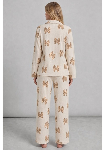 Kadın Desenli Uzun Kollu Krem Pijama Takımı 4762