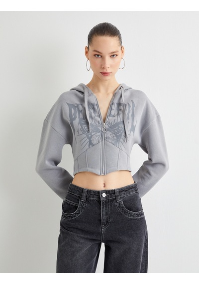 Koton Crop Kapşonlu Sweatshirt Fermuarlı Baskılı Korse Görünümlü Gri 4sal10690ık Gri