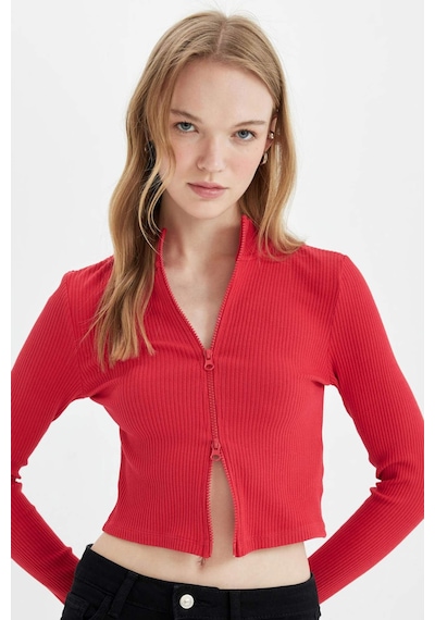 Defacto Fitted Dik Yaka Basic Düz Fermuarlı Fitilli Kaşkorse Crop Kırmızı Hırka D5124AX24AURD54 Kırmızı