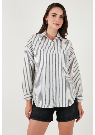 Lela Regular Fit Uzun Kollu Çizgili Bayan Gömlek 6772875 Siyah