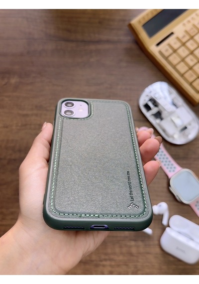 Apple iPhone 11 Uyumlu Premium Deri Dokulu Darbelere Karşı Dayanıklı Nazal Silikon Kılıf Haki