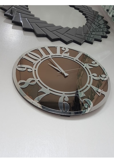 Ayna Denizi Silver Latin Bronze Model Gümüş Bronz Renk 50 CM Dekoratif Aynalı Duvar Saati Gümüş