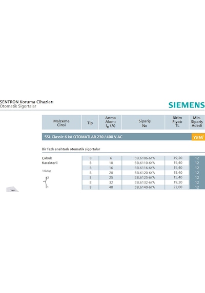 Siemens 20 Amper Otomatik Sigorta 5Sl6106-6Ya 6Ka
