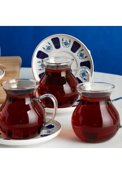 17903 Laleli 12 Parça 6 Kişilik Çay Seti 210 Ml Borosilikat Cam Kulplu Tombik Bardak Ve Porselen Çay Tabağı Ta Diğer