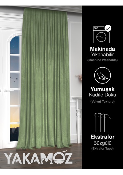 Yakamoz Kadife Görünüm Çağla Yeşili Ada Fon Perde Ekstraforlu Velvet Touch Serisi Çağla Yeşili