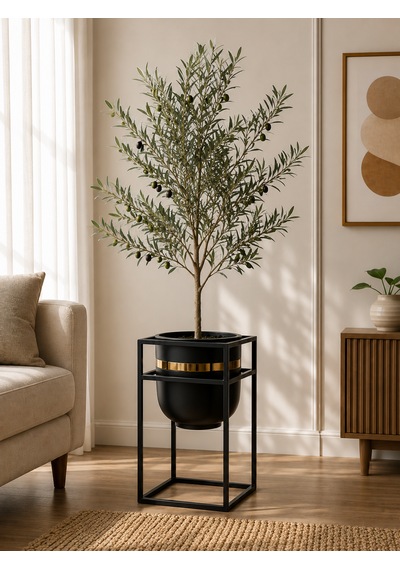 Bitkidunyam Mat Metal Kare Ayaklı Saksı, Altın Detaylı Kenar, Silindirik, Modern Tasarım, 55x34cm No:8 Siyah