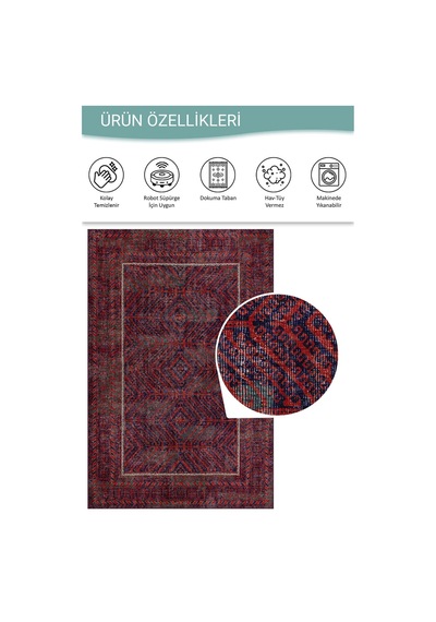 Artloop Relic Kırmızı / Lacivert Vintage Dokulu Klasik Desenli Dokuma Tabanlı Şönil Halı Al 494 Kırmızı - Lacivert