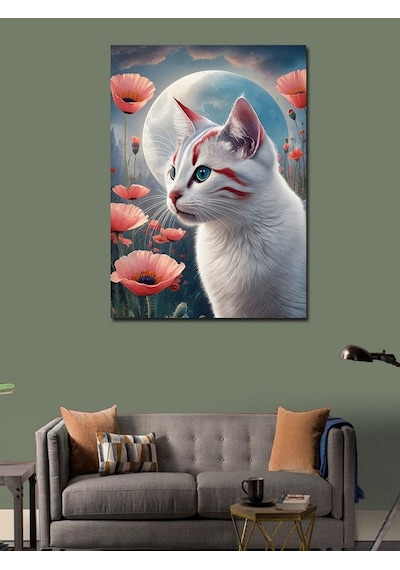 Kanvas Tablo Kedi Dolunay Ve Gelincik Çiçekleri 100cmx140cm