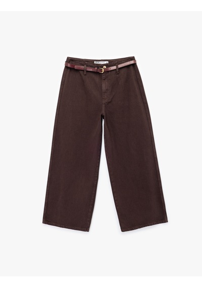 Koton Pamuklu Geniş Paça Kemerli Crop Pantolon - Wide Leg Jeans Kahverengi 7wal40008mw Kahve