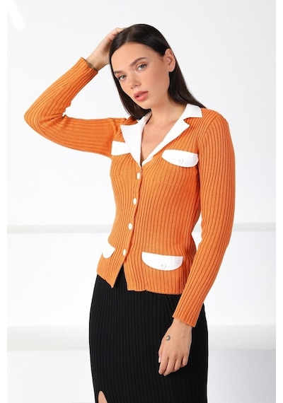 Ferraro Orange Gömlek Yaka Kadın Triko Hırka Turuncu