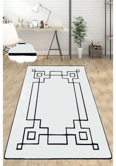 Square Ekru 140X190 Cm Modern Yıkanabilir Kaymaz Taban Halı