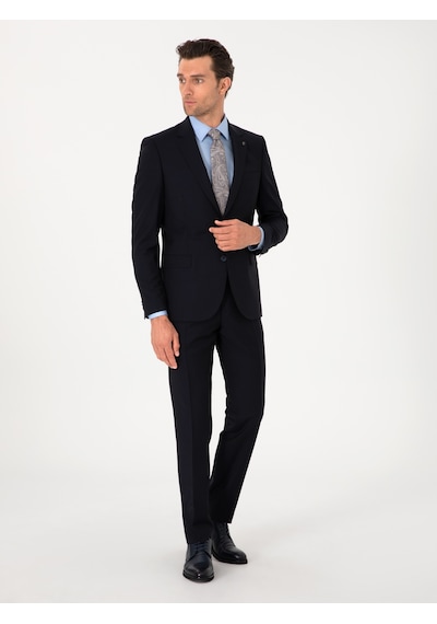 Cacharel Lacivert Slim Fit %100 Yün Mono Yaka Takım Elbise