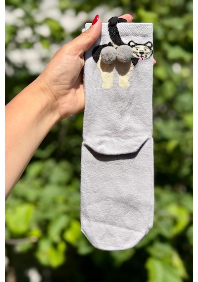 Lousocks Unisex Gri Dilini Çıkaran Köpek Desenli Ponpon Soket Çorap