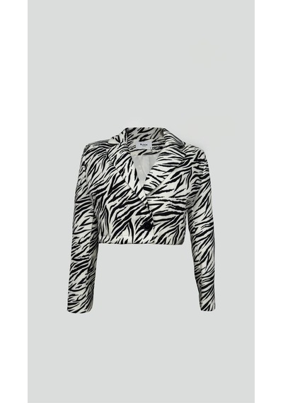 Vuvutasarım Yeni Sezon Desenli Simetrik Katlamalı Yaka Tek Düğme Crop Kadın Blazer Ceket 24s08012 Siyah