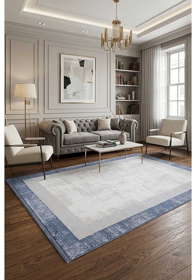 Dekoratif Palermo Klasik Çerçeveli Salon Halısı Pl01 Mavi