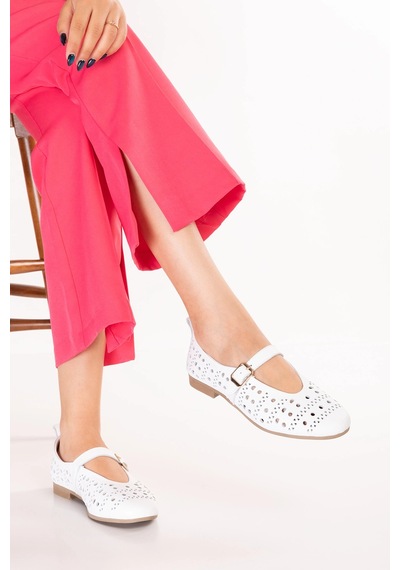 Gondol Kadın Hakiki Deri Günlük Delikli Bantlı Babet Hl.24500 Beyaz