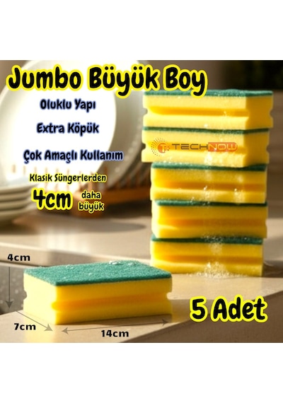 Technow Jumbo Büyük Boy Vip Kaliteli 14 X 7 Cm Oluklu Bulaşık Süngeri 5 Adet