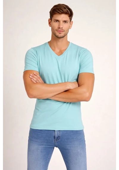 Veraura Lifestyle Erkek T-shirt V Yaka Slim Fit Dar Kesim Likralı Tişört Günlük Basic Body - Turkuvaz Turkuaz