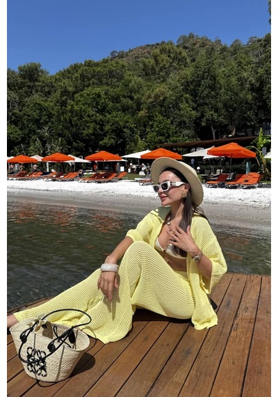 De Pose Trend Kimono Ajur Desenli Triko Plaj Takımı Limon Sarı