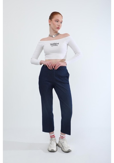 Kadın Beli Lastikli Likralı Yan Cepli Jean Pantolon Lacivert Lacivert